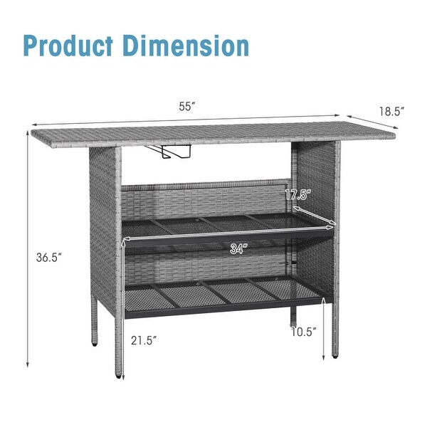 Outdoor Patio Wicker Bar Table with Metal Shelves