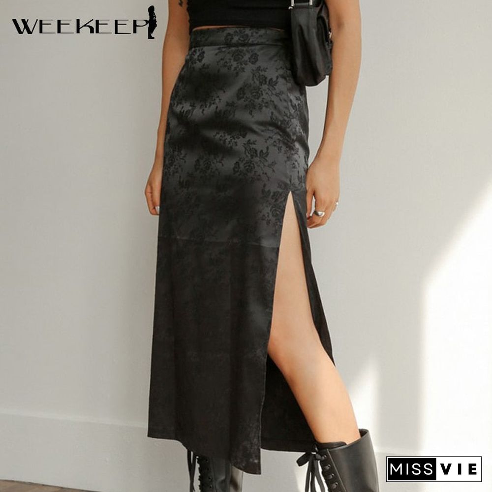 Weekeep Vintage Floral Print Satin Midi Skirts Women Side Split Sexy High Waist Skirts Summer Retro Black Casual Outfits Fashion