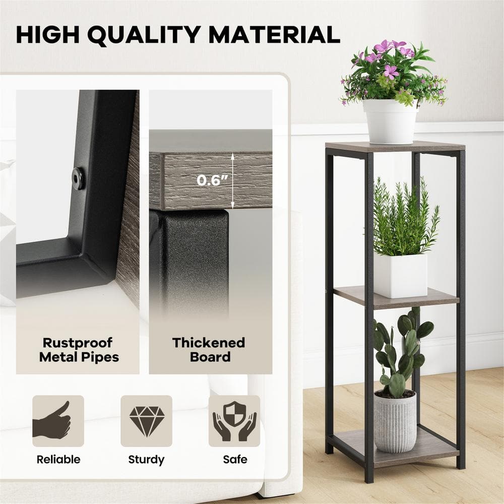 Gymax 36 in. x 12 in. x 12 in. Grey and Black Metal IndoorOutdoor Plant Stand Corner Plant Holder wMetal Frame 3 Tier GYM14122