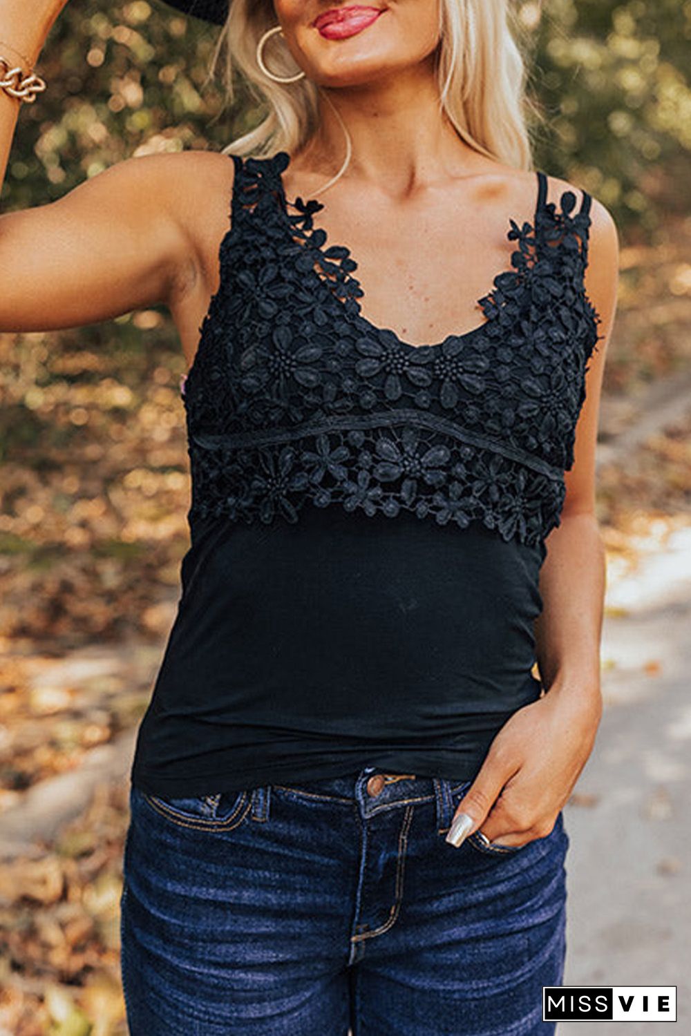 Black V Neck Floral Crochet Tank Top