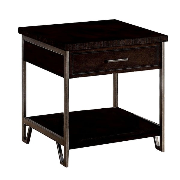 1 Drawer Wooden End Table with Metal Frame， Brown