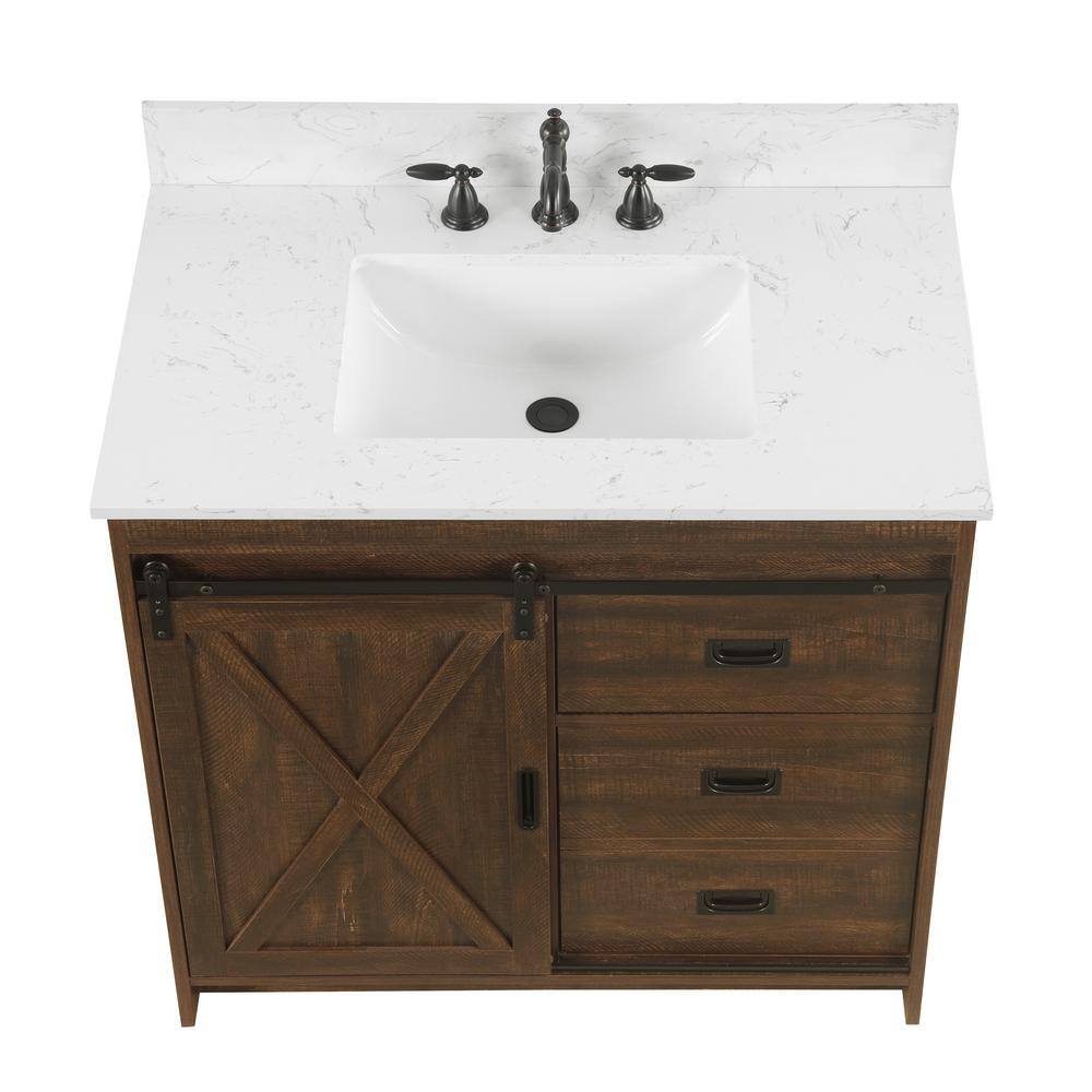 SUDIO Rafter 36 in. W x 22 in. D x 33.86 H Bath Vanity in Rustic Brown with Carrara White Engineered Stone Vanity Top Rafter-36RB