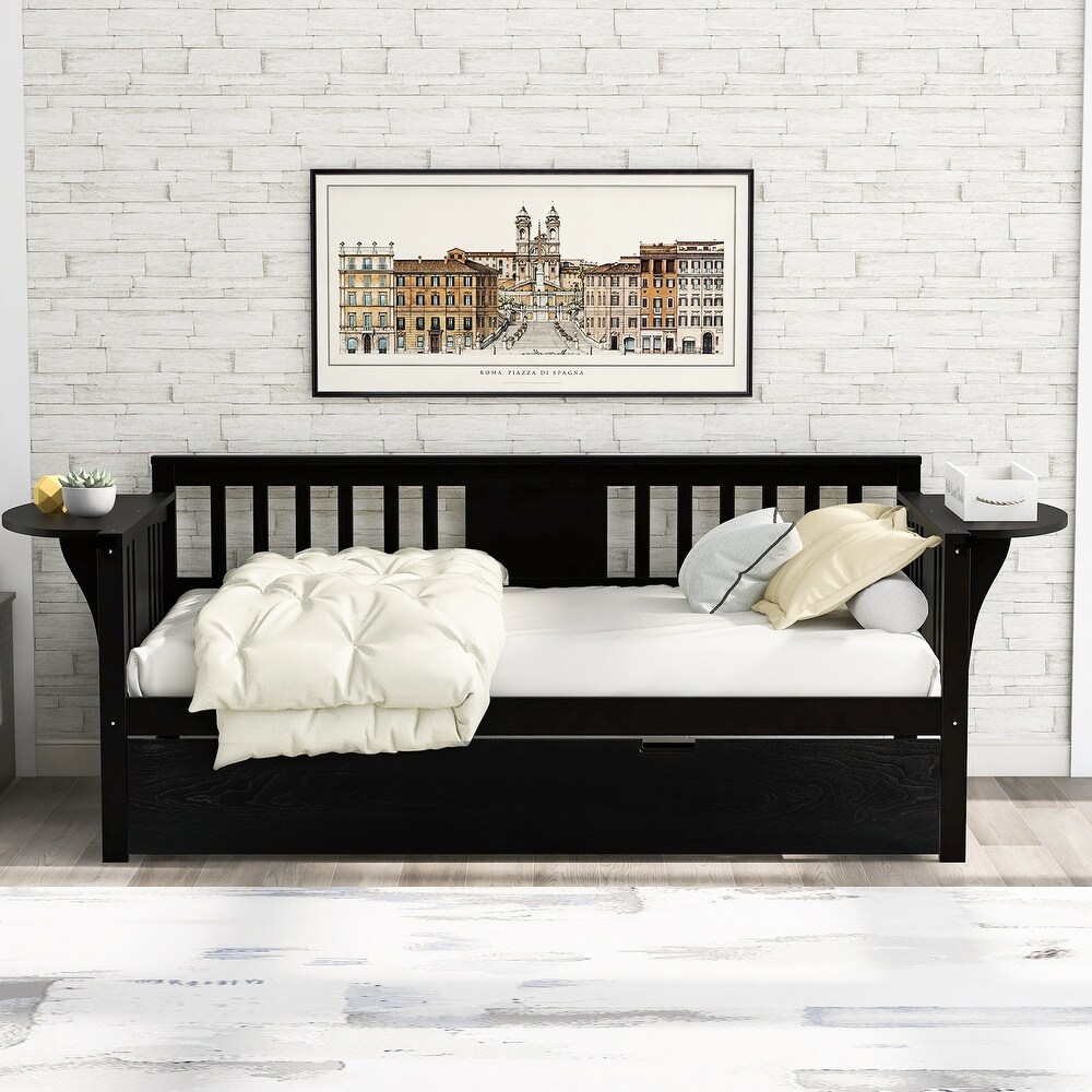 Espresso Pine Daybed with Trundle Bed  Small Side Tables