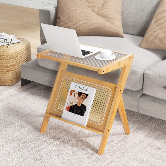 Costway Boho End Table with Magazine Rack and Temp...