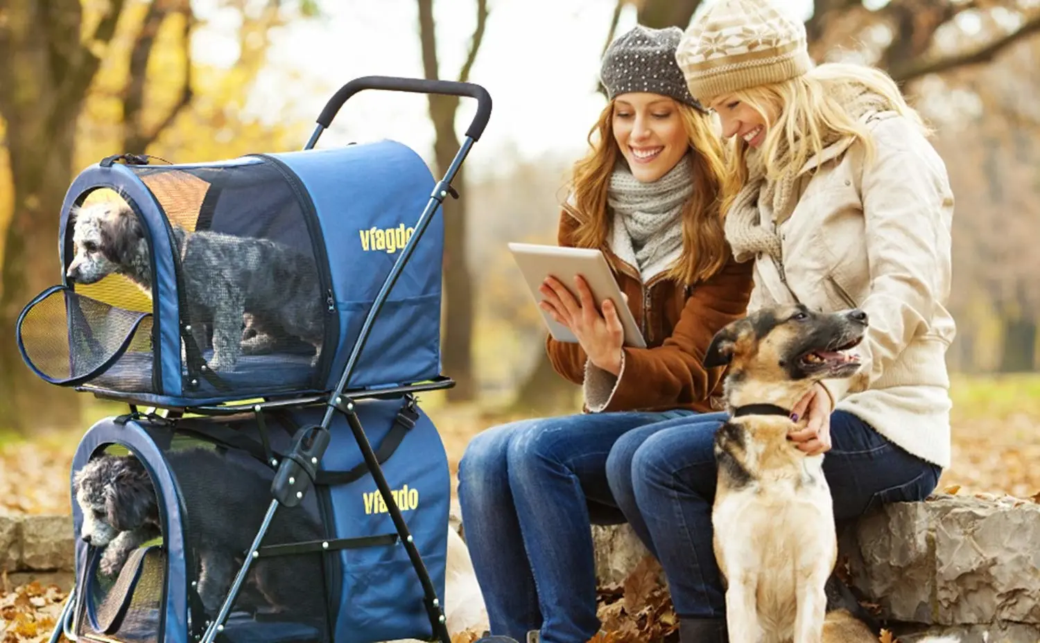 Double Pet Stroller 4-in-1 Folding Dog Strollers Travel Cart with 2 Detachable Carriersand4 Lockable Wheels for Small Medium Dogs Cats，Navy Blue