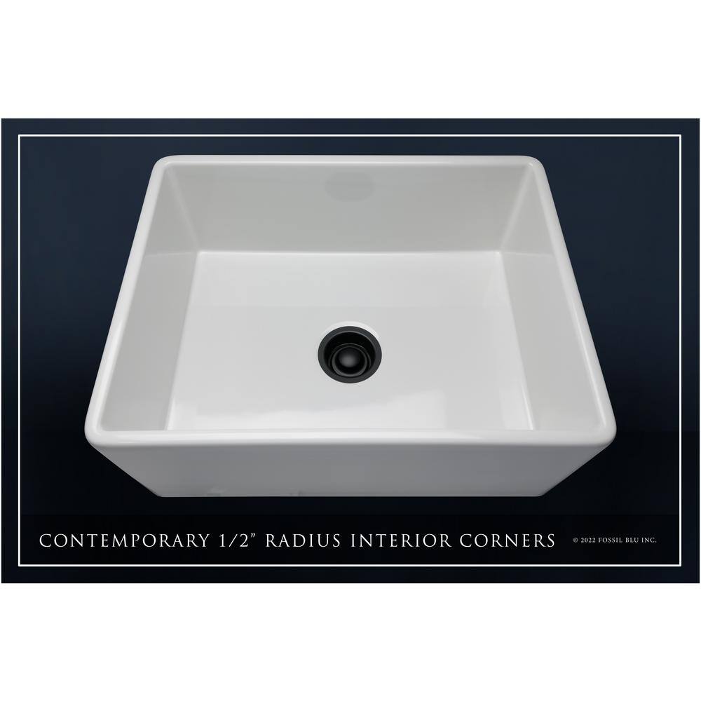 Fossil Blu Luxury White Solid Fireclay 26 in. Single Bowl Farmhouse Apron Kitchen Sink with Matte Black Accs and Flat Front WHS1000MB