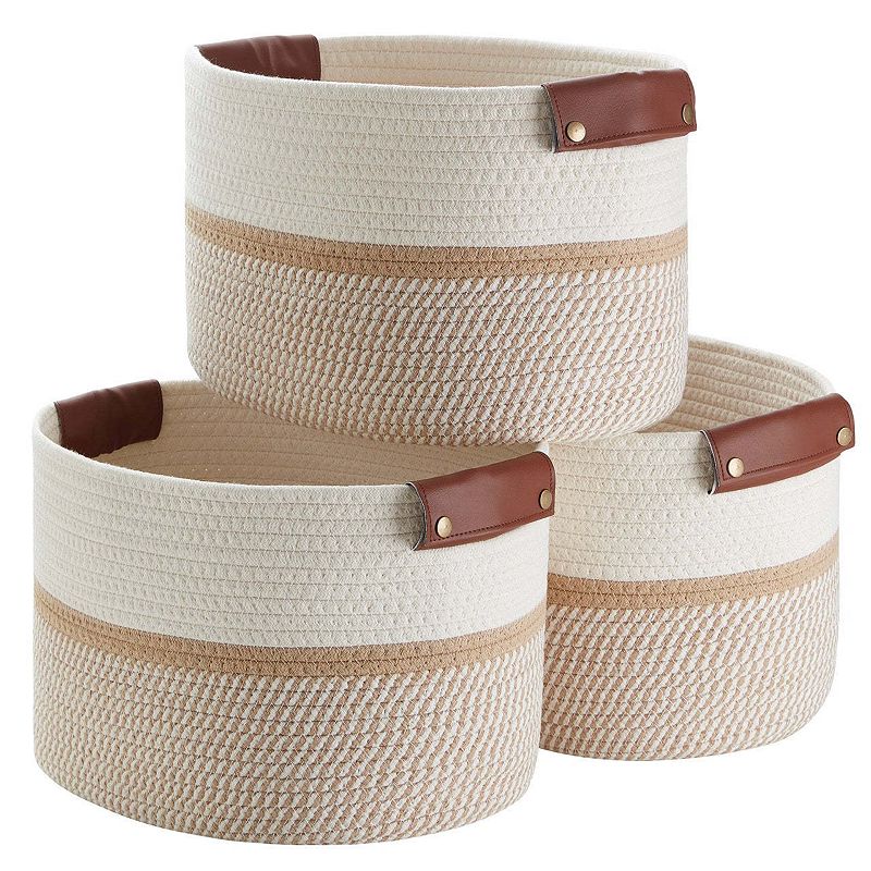 3 Pack Woven Cotton Rope Shelf Storage Basket with Leather Handles