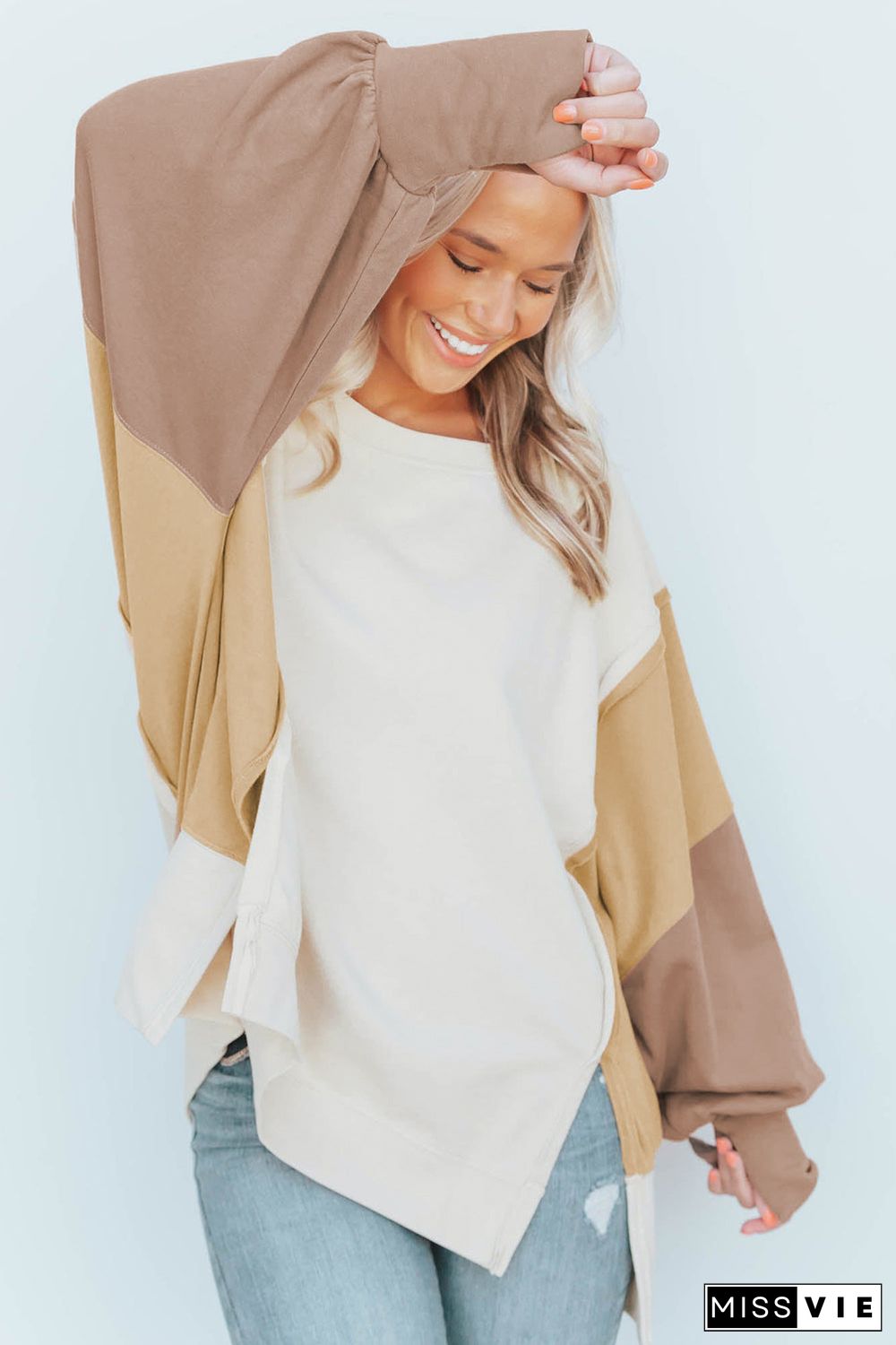 Khaki Color Block Sleeve Patchwork Oversized Sweatshirt