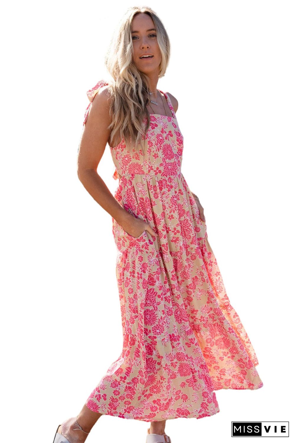 Pink Gingham Floral Tie Shoulder Maxi Dress