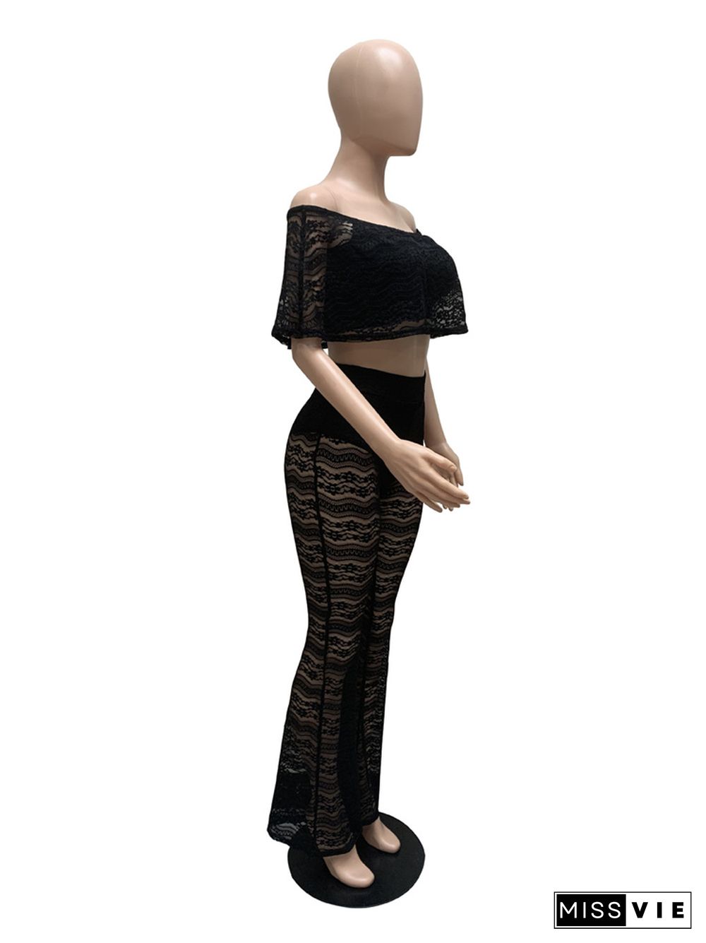 Black Lace Off Shoulder Crop Top and Flare Pant Suits