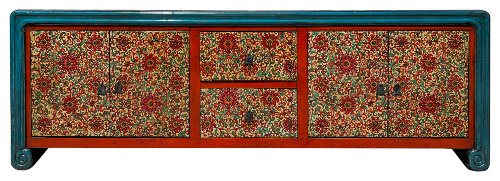 Chinese Tibetan Teal Blue Orange Floral Graphic Low TV Console Table Hcs7609   Asian   Entertainment Centers And Tv Stands   by Golden Lotus Antiques  Houzz