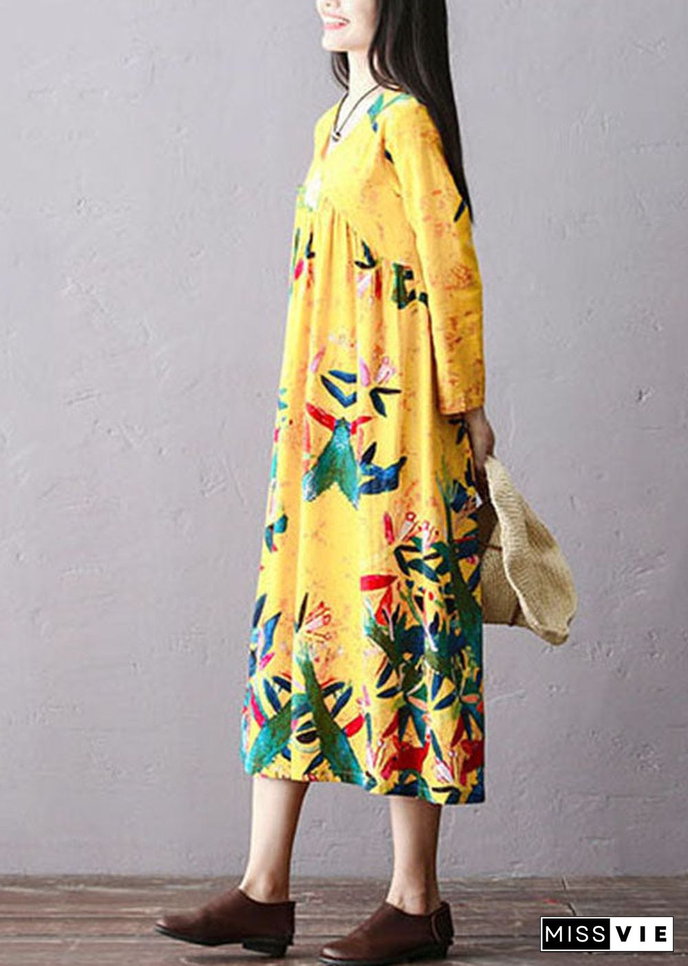 Italian Yellow Wrinkled Embroideried Print Cotton Long Dress Long Sleeve