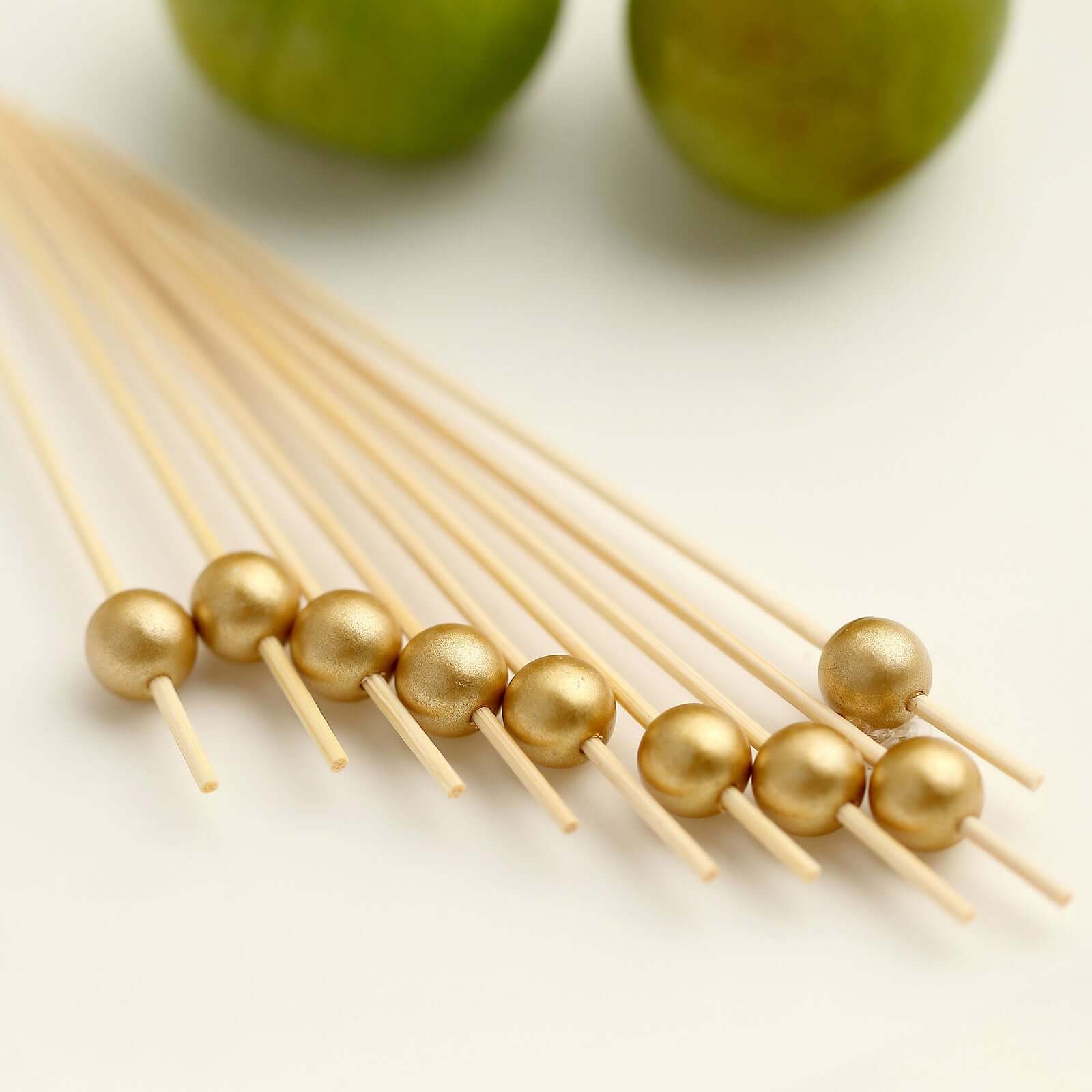 100 Pack Gold Pearl Bamboo Skewers Cocktail Picks, Stir Sticks, Eco Friendly 4.5