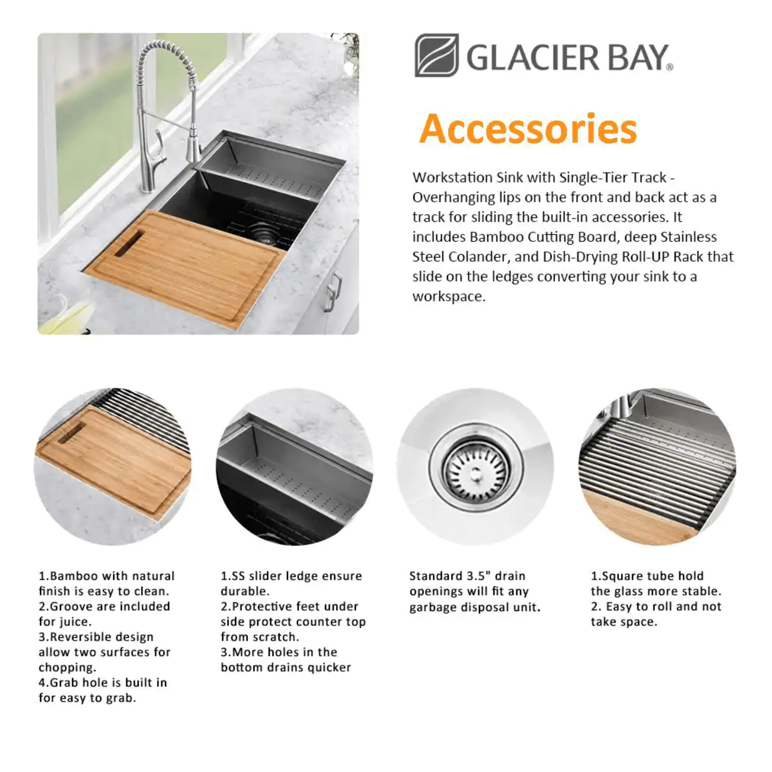 Glacier Bay Zero Radius Undermount 18G Stainless Steel 27 in. Single Bowl Workstation Kitchen Sink with Accessories