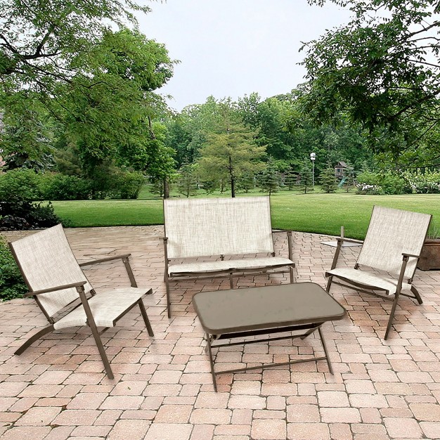 Four Seasons Courtyard Novara 4 Piece Steel Folding Outdoor Conversation Set With 2 Folding Chairs 1 Loveseat And 1 Table Tan espresso