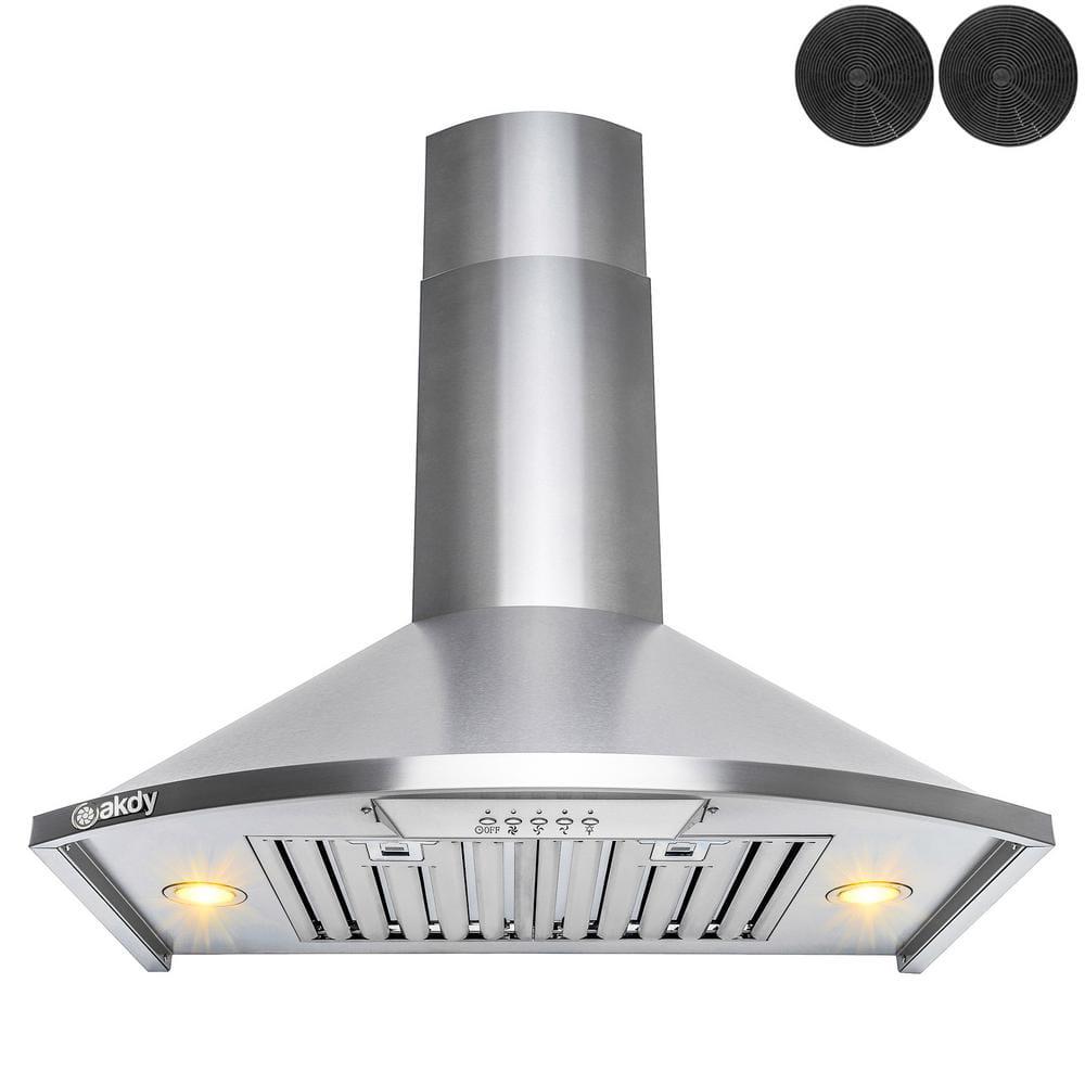 AKDY 30 in 343 CFM Convertible Wall Mount Brushed Stainless Steel Kitchen Range Hood with Carbon Filters and LED lights