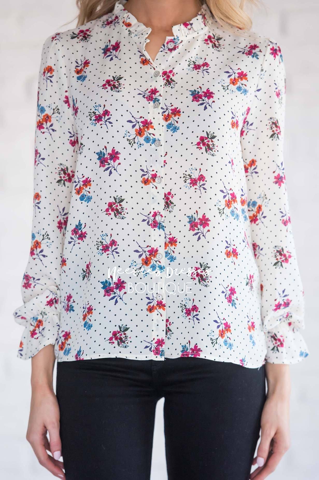 Ruffle Neck Polka Dot Floral Blouse