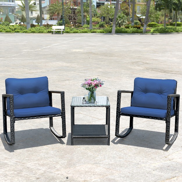 Costway 3pcs Patio Rattan Furniture Set Rocking Chairs Cushioned Sofa