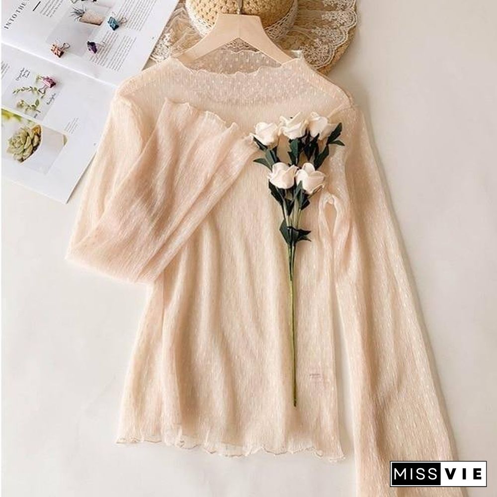 New Transparent Korean Loose Women Lace Blouse 3 Colors Female Bottoming Blouses Plus Size Cheaper Tops