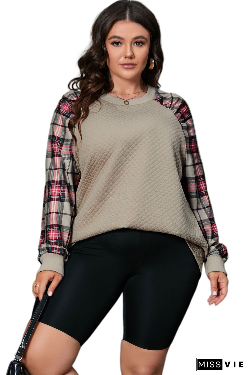 Apricot Plus Size Plaid Raglan Sleeve Crew Neck Sweatshirt