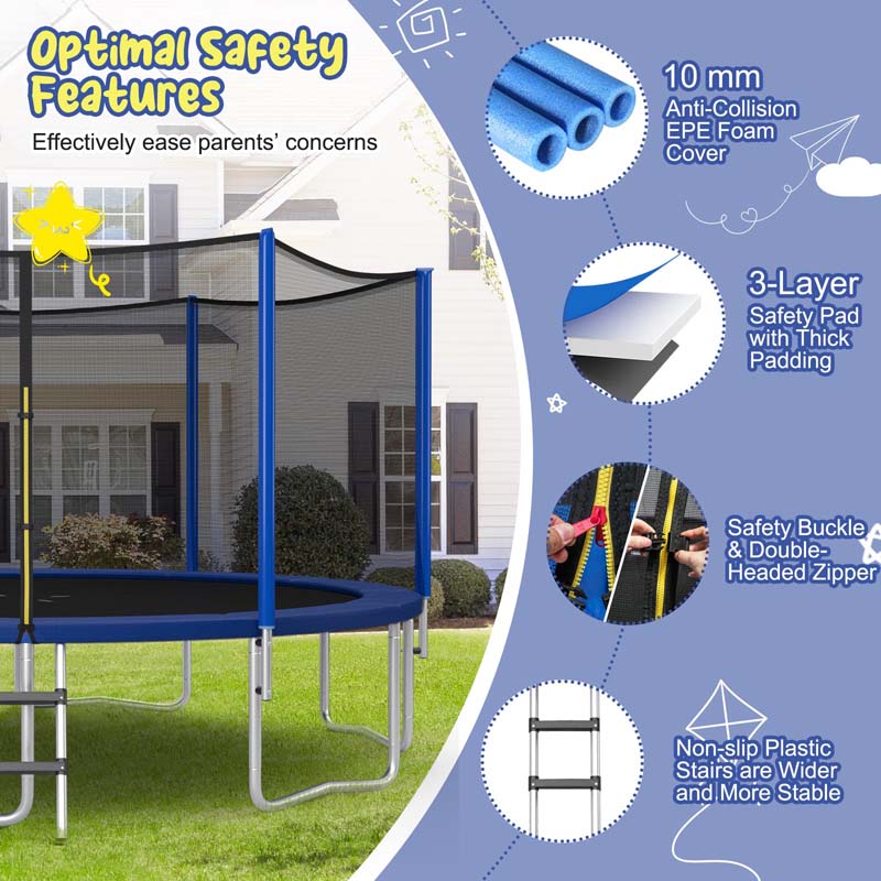 12/14/15/16 FT ASTM Approved Outdoor Recreational Trampoline with Basketball Hoop & External Enclosure Net