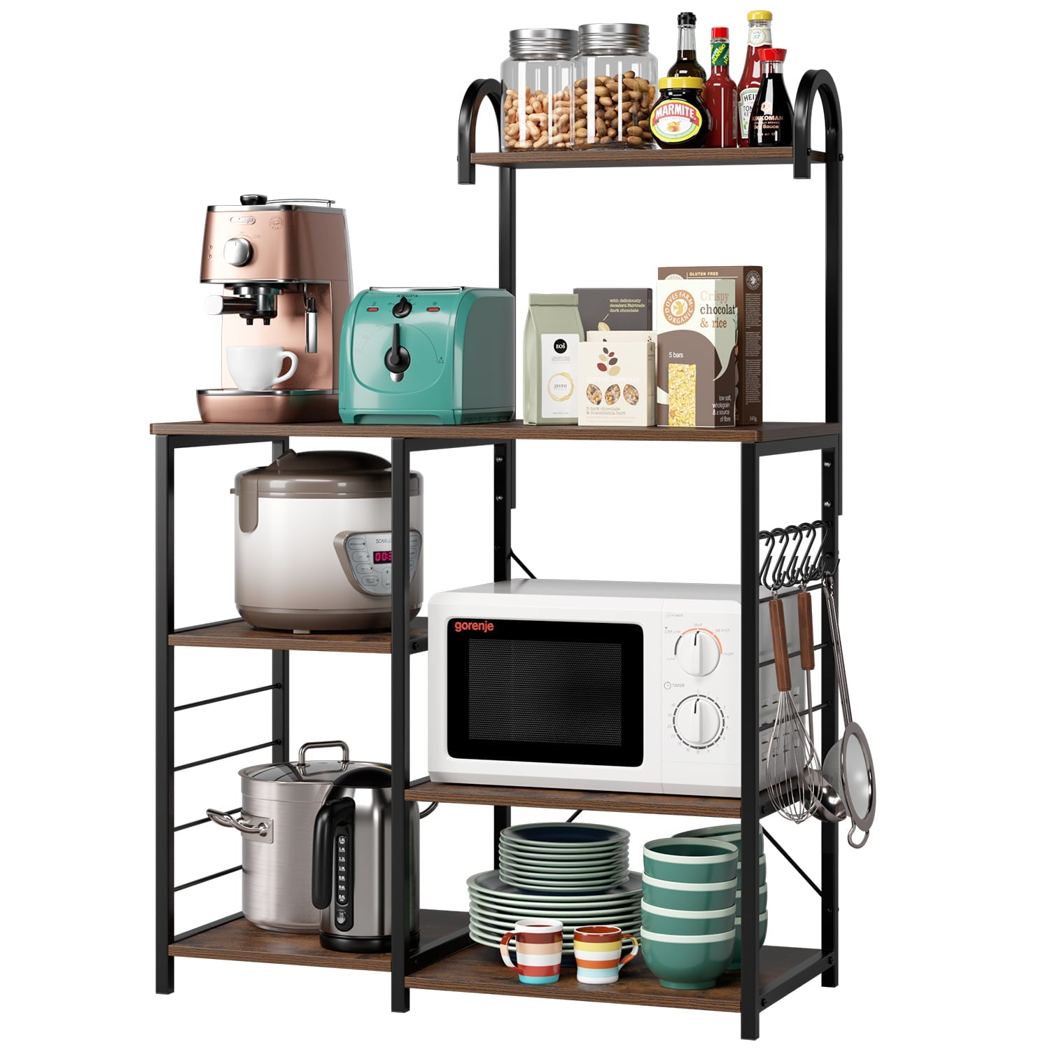 Homfa Bakers Rack， 5 Tier Wood Kitchen Stand with Storage Shelf， Iron Frame Microwave Oven Cart， Rustic Brown Finish