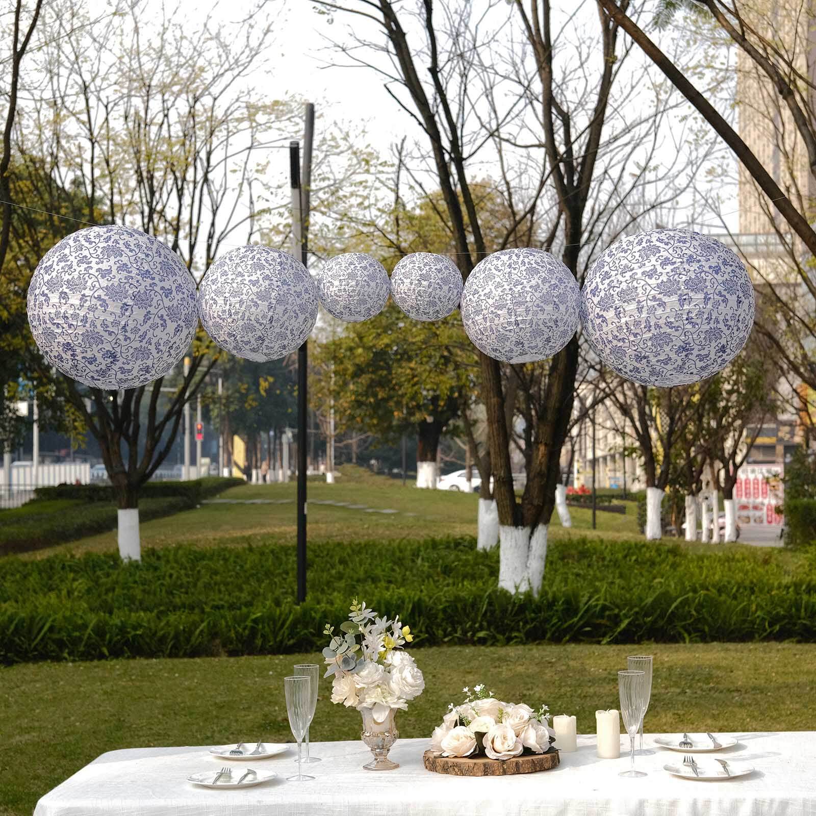 Set of 8 White Light Blue Hanging Paper Lanterns in French Toile Floral Pattern, Chinese Festival Lanterns - 6