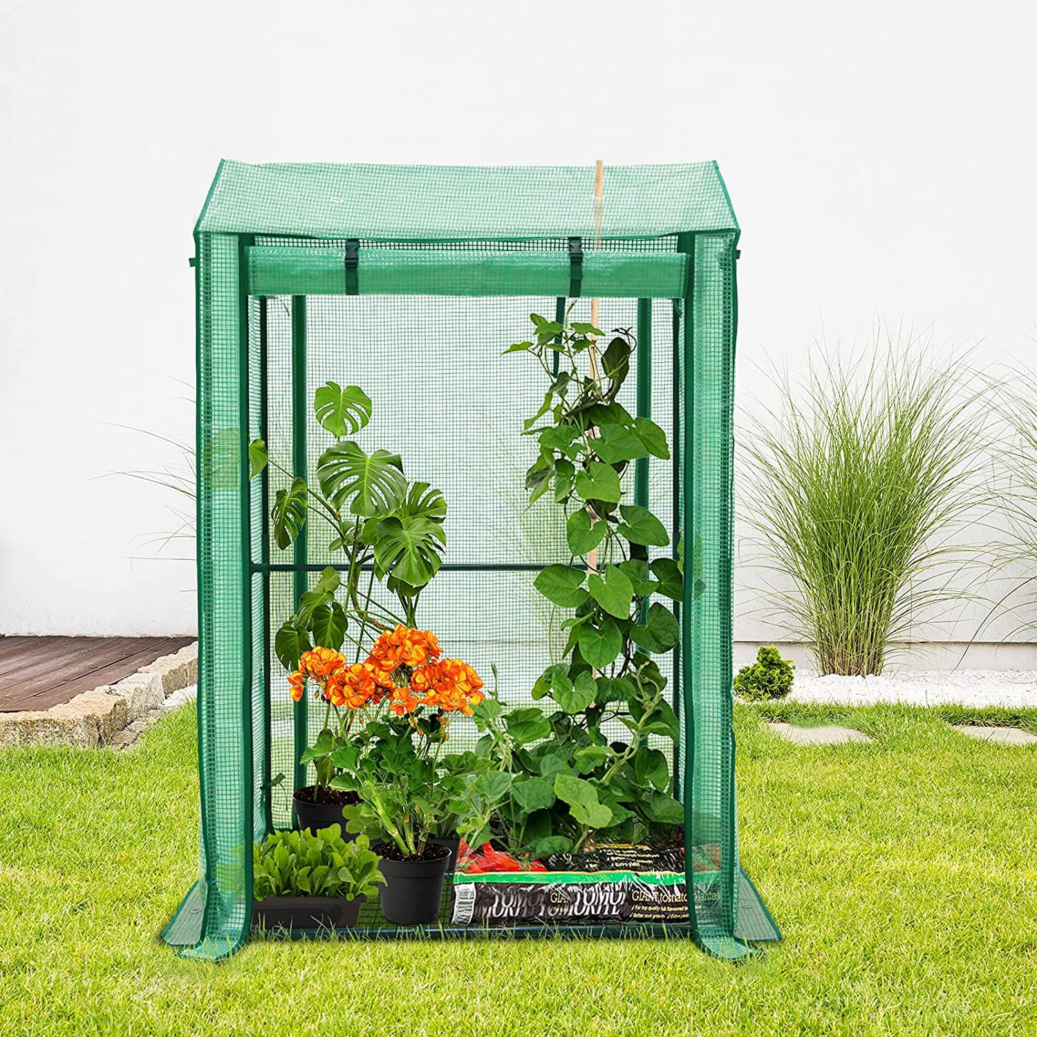 EAGLE PEAK Outdoor Tomato Hot House / Greenhouse with Double Roll-up Zippered Doors, Vertical Cold Frame Grow House for Vegetables, Flowers, 39 x 32 x 59 Inches, Green (Double Growbag)