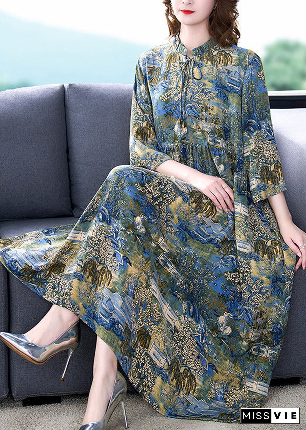 Boutique Stand Collar Wrinkled Print Chiffon Party Dress Summer