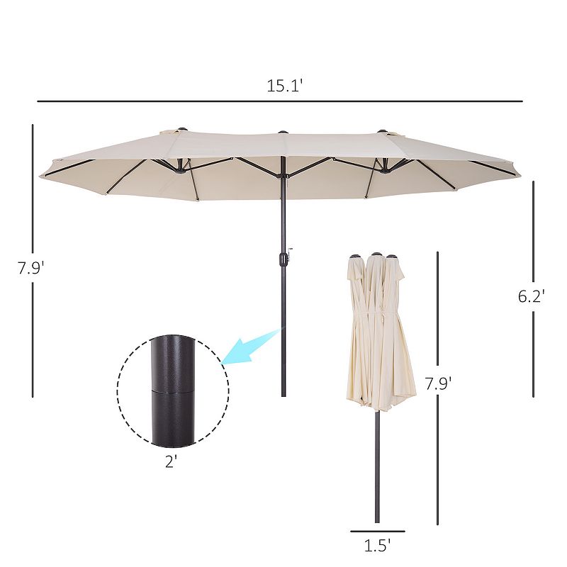 Outsunny 15ft Patio Umbrella Double Sided Outdoor Market Extra Large Umbrella with Crank Handle for Deck Lawn Backyard and Pool Cream White