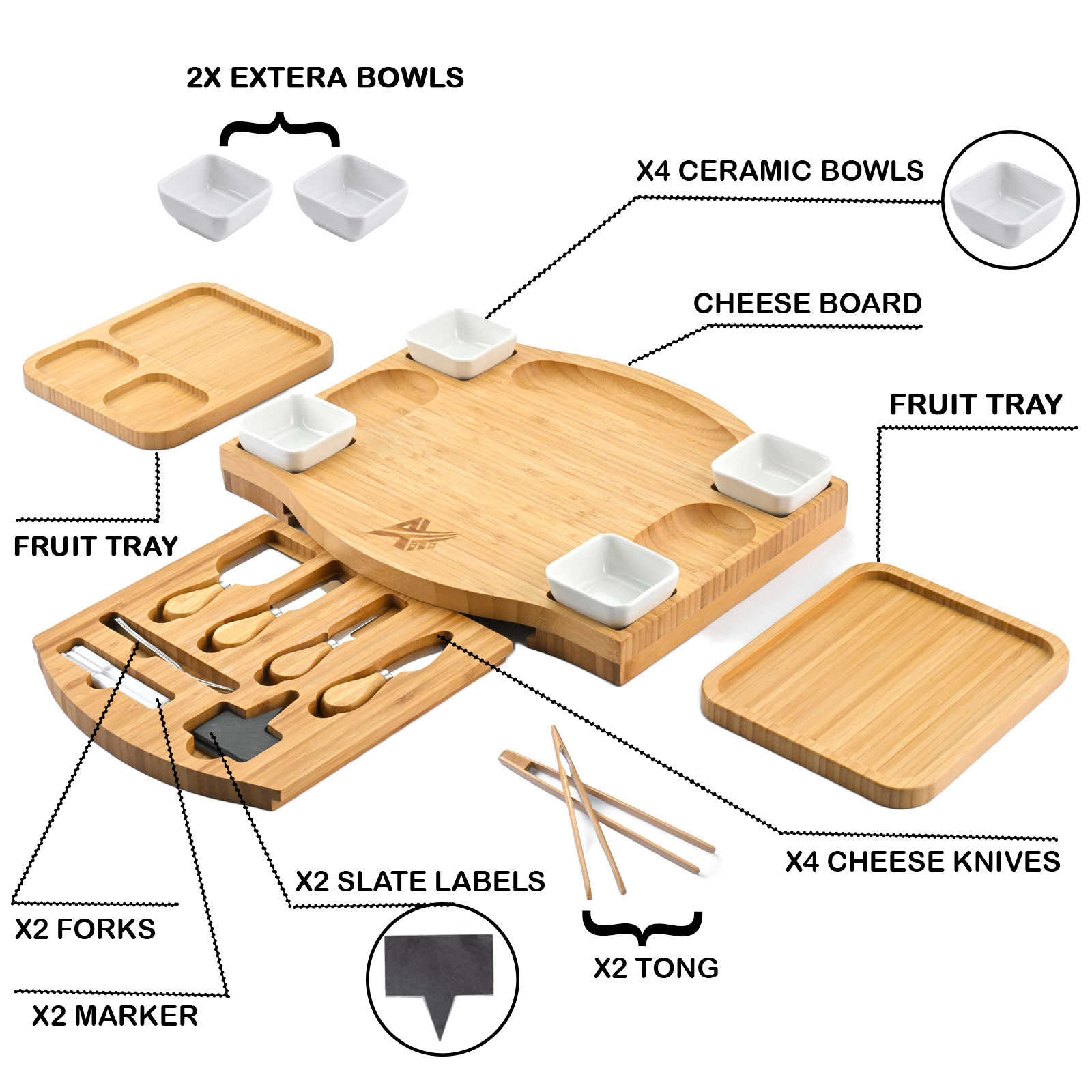 AYTITI Bamboo Cheese Board Charcuterie Platter and Serving Tray Including Free Rectangle Fruit Tray and Tong Thick Wooden Server Perfect Choice for Gourmets Set Large Boards Gifts New Home