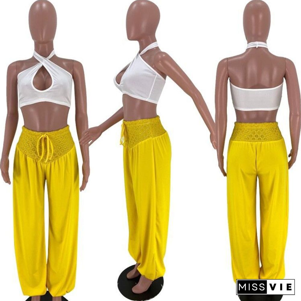 Solid Cross Halter Strapless Crop Top Wide Leg Pants 2 Pieces