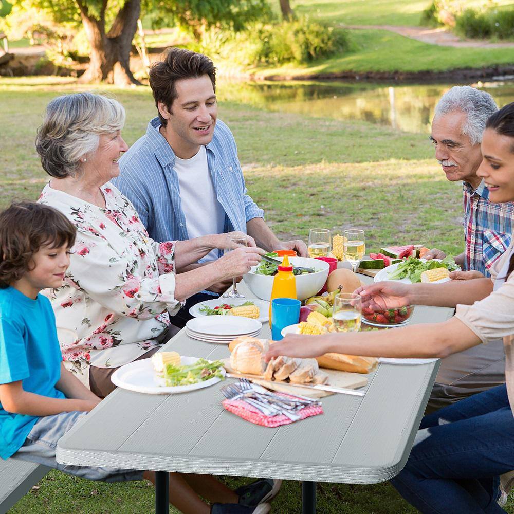 Costway Rectangle Metal Folding Indoor and Outdoor Picnic Table Bench Set with Wood-like Texture Grey OP70672GR