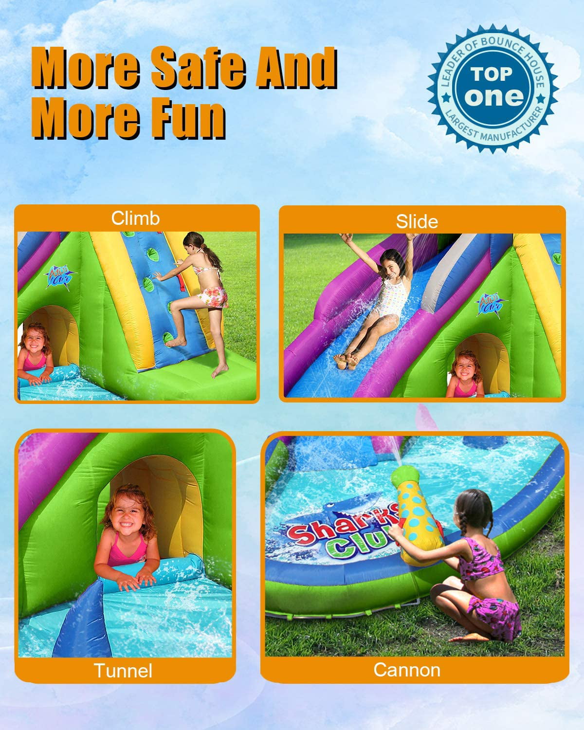 ACTION AIR Inflatable Water Slide, Backyard 15' Bounce House with Water Gun and Splash Pool for Wet and Dry Play, Christmas Gift Idea for Kids