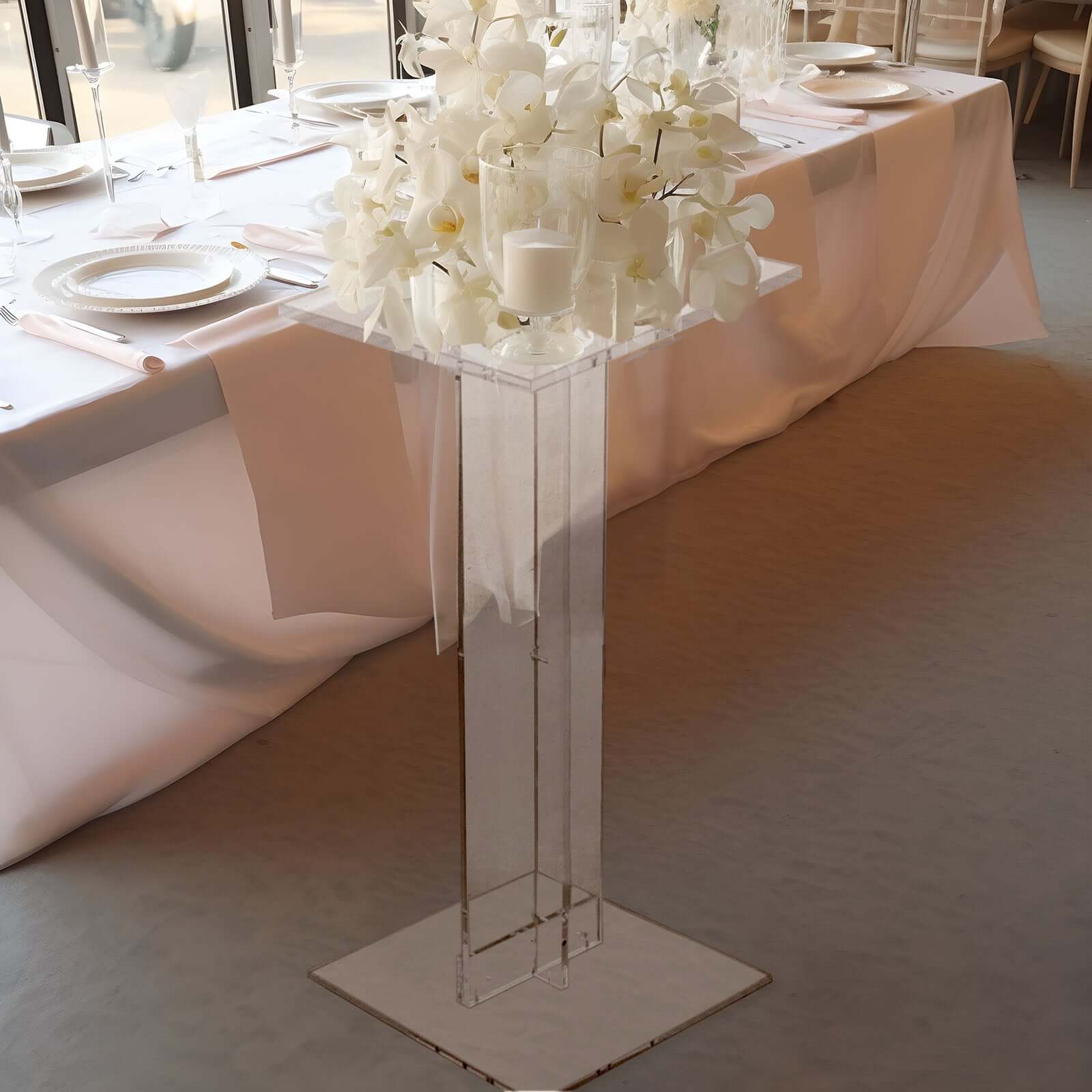 Heavy Duty Acrylic Wedding Display Stand with Square Bases, Clear Plexiglass Flower Pedestal Stand 10mm Thick Plate 32