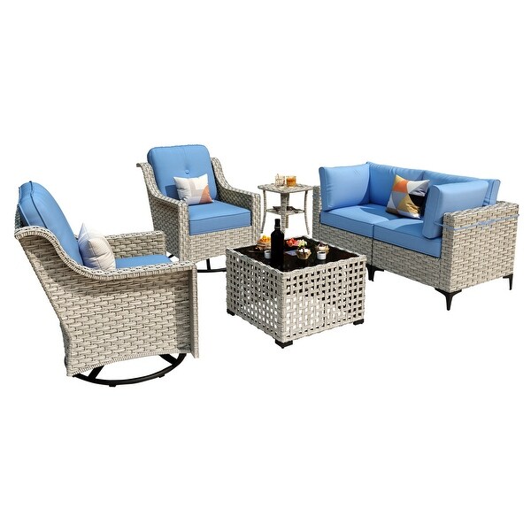 OVIOS 6 Pieces Outdoor Wicker Swivel Chair Set With SolarPowered Coffee Table