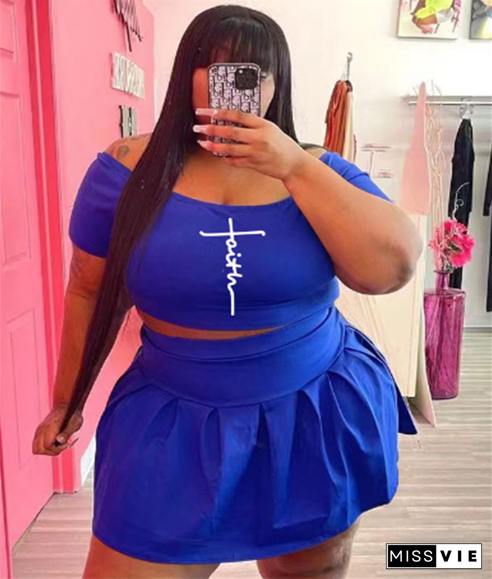 Plus Size Short Sleeve Crop Tops Pleated Skirt Sets