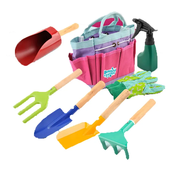 Spring gardening practical flower shovel muzzle shovel garden planting kid's tools 8 piece set with wooden hand and Storage Bag