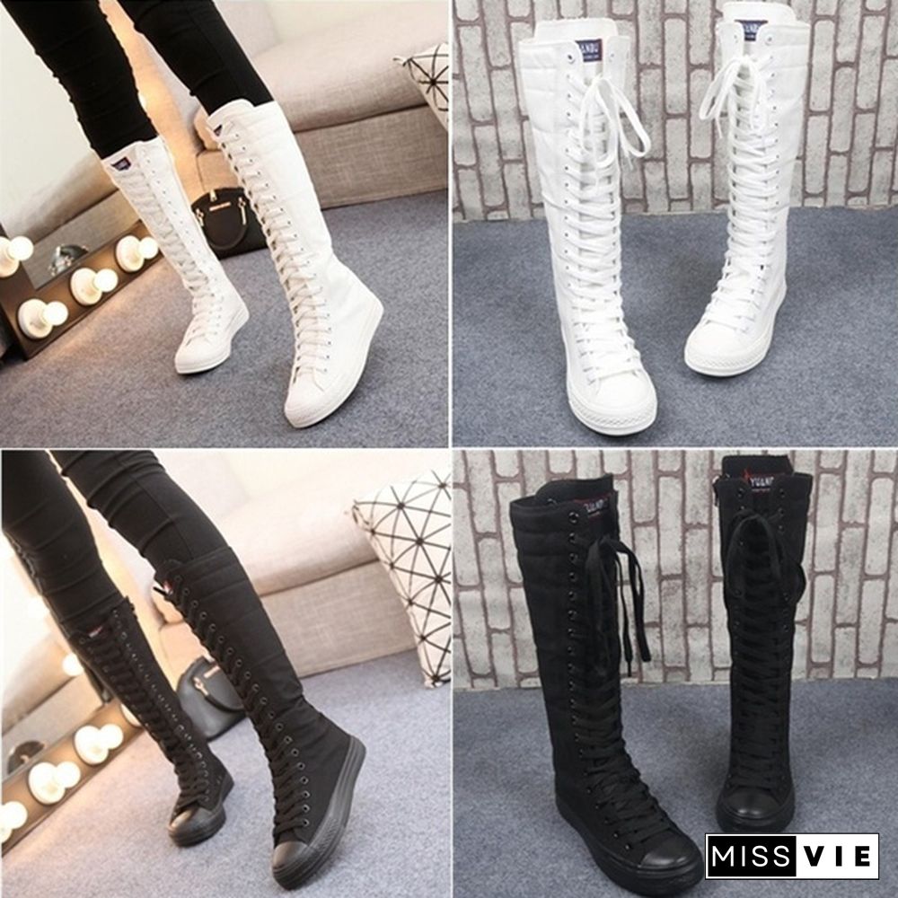 Women Motorcycle Flat Tall Punk Shoes Hot Sale Womens Knee High Boots Ladies Canvas Lace Up Zipper Boots Autumn Woman Shoe