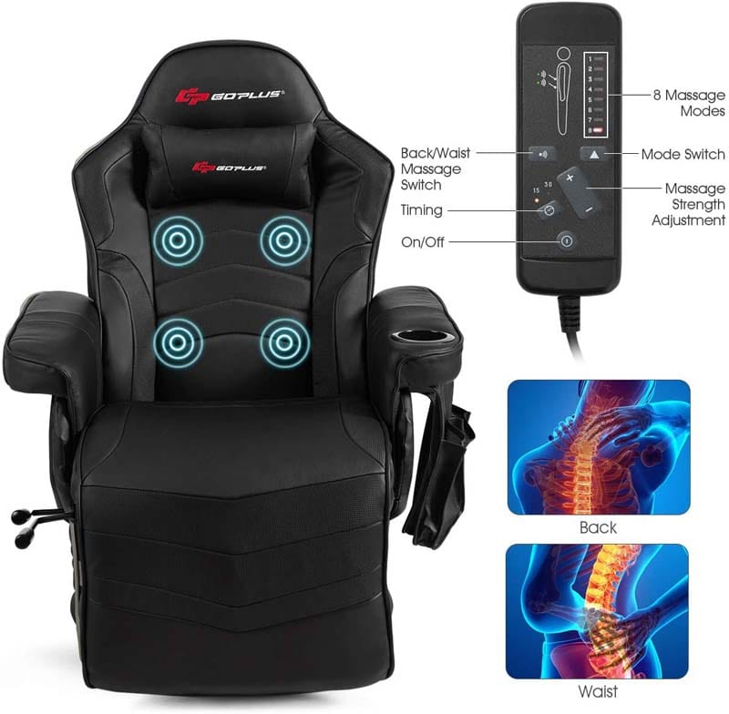 PU Leather Massage Gaming Chair, Ergonomic High Back Racing Style Gaming Recliner with Adjustable Backrest & Footrest, Cup Holder, Side Pouch