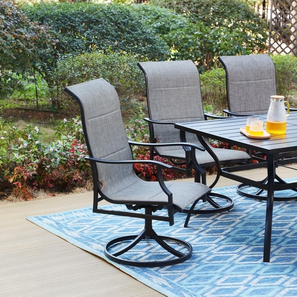 MAISON ARTS 7/8 Pieces Patio Dining Set，Rectangular Black Metal Table with 6 Padded Textilene Fabric Swivel Chairs