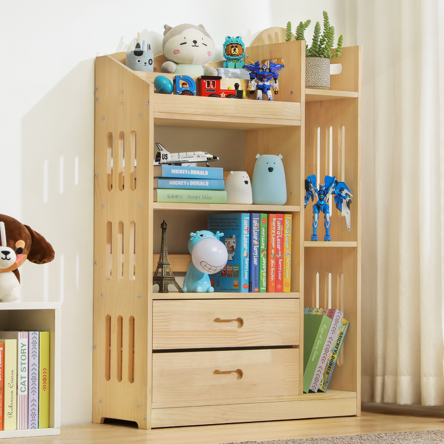 MoNiBloom Wood 4 Tiers 2 Drawers Bookshelf, Toys Books Display Storage Bookcase, Natural, for Home