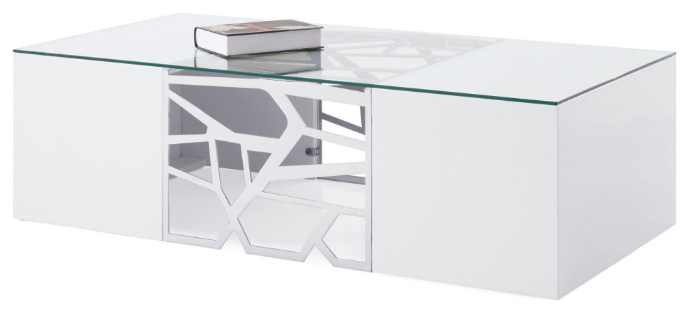 Liera Coffee Table Clear Tempered Glass Top White Lacquer Base Stainless Steel   Contemporary   Coffee Tables   by Zuri Furniture  Houzz