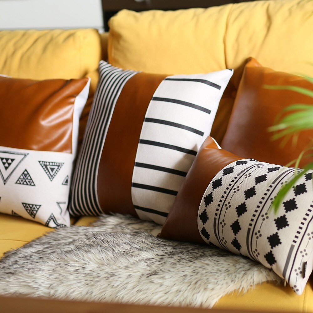 Bohemian Striped Vegan Faux Leather Throw Pillow