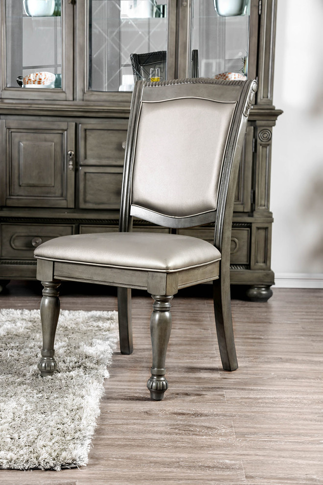 Benzara BM183300 Leather Upholstered Wood Side Chair  S/2  Glossy Gray   Traditional   Dining Chairs   by VirVentures  Houzz