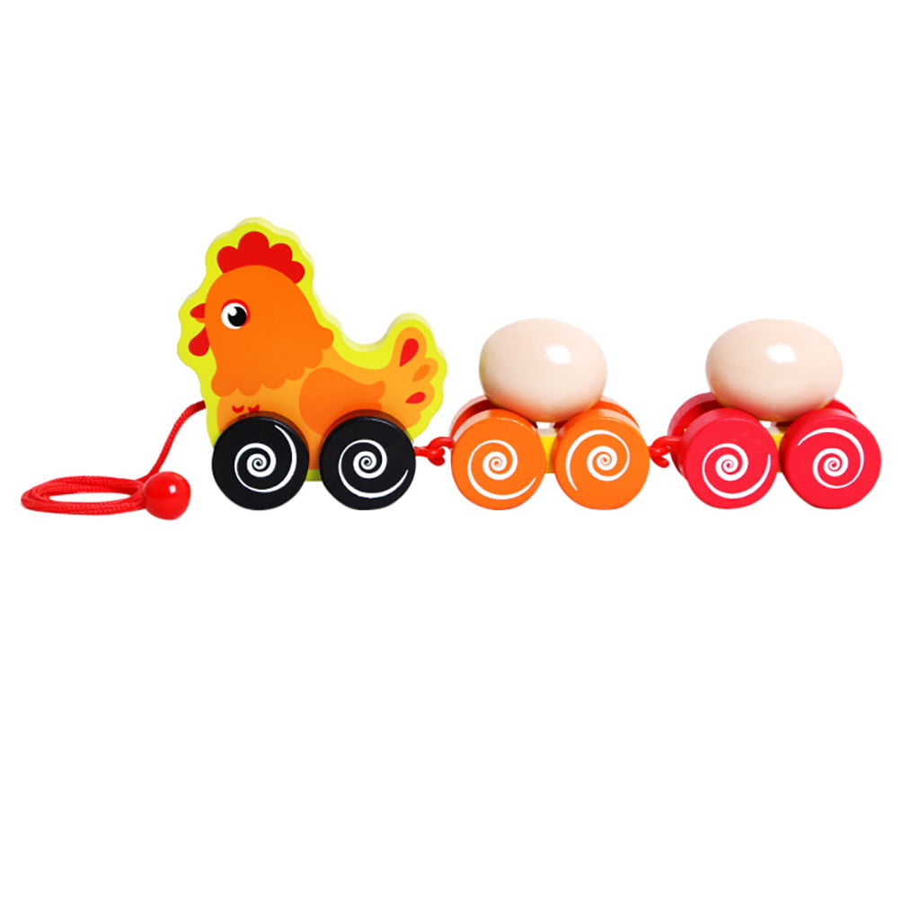 Wooden Pull Along Children'S Wooden Hen Pulling Eggs Toy Cart For Toddler Toys