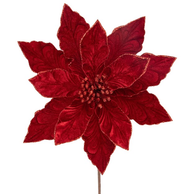 Red Glittered Velvet Poinsettia Christmas Stem Spray