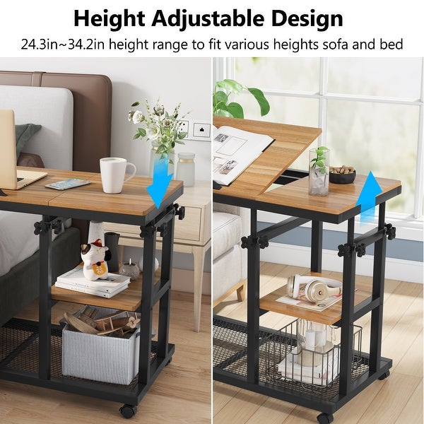 Height Adjustable C Table， Sofa Side Tables， Mobile End Table with Storage Shelves