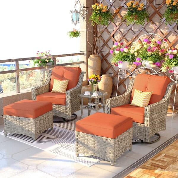 OVIOS 5 Pieces Outdoor Wicker Curved Swivel Chair Set With Ottoman