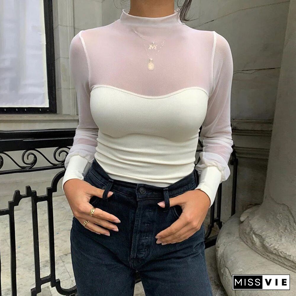 Women Mesh Patchwork Tops Solid Color Slim Pleated Lantern Sleeve Turtleneck Autumn Pullover Ladies Female Sexy Translucent Tees